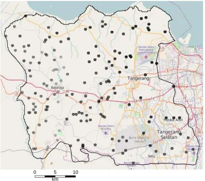 Fig. 1. ground data, with a transparency term to show their density, and an OpenStreetMap  the study area to the west of Jakarta, Indonesia with the 494 land cover backdrop