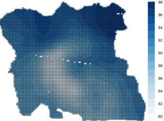 Fig. 2. Spatial distribution of the local variances proportions explained by a) PC1 and 
