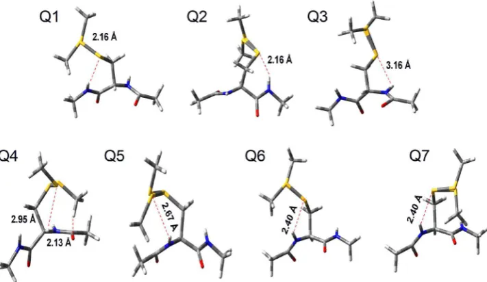 Fig. 5  Interactions between atoms of the MTSL side chain and the unit peptide model for different values of χ1, χ2 and χ3 (red dashed lines)