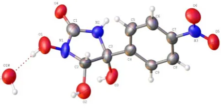Figure 1. Molecular structure of monohydrate of trihydroxy-5-(4-nitrophenyl)imidazolidin-2-one (cis-3,4,5-2g) with atoms represented by thermal vibration ellipsoids of 50% probability 