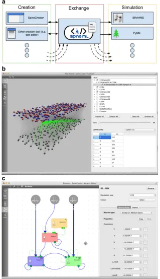 Fig. 2 Overview of SpineCreator (a) SpineCreator’s role in a SpineMLtoolchain. SpineCreator is one of several creation tools able to exchangemodels through the SpineML format, and simulate models by exportingthrough SpineML to compatible simulators (such a