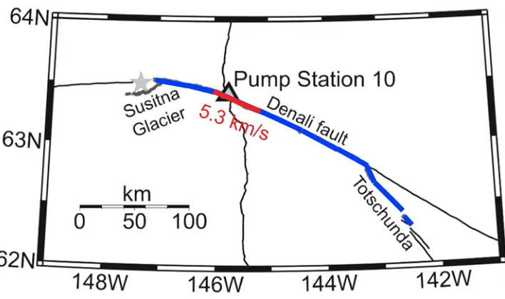 Figure 1.2:An example of inferred intersonic propagation in a large strike-slip earthquake