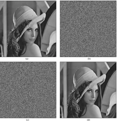 Fig. 3. (a) Original Lena, (b) its encrypted version, (c) encrypted image containing embedded data with embedding rate 0.017 bpp, and (d) directly decryptedversion with PSNR 39.0 dB.