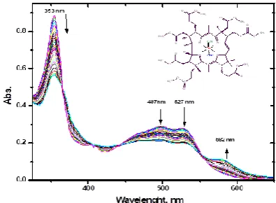Figure 1.  Absorption spectra of [ACCbs ]+ reagent (3.5 x 10-5 mol L-1) of pH 9 with different concentrations of HS- ion (0.02-5.5 µg mL-1)
