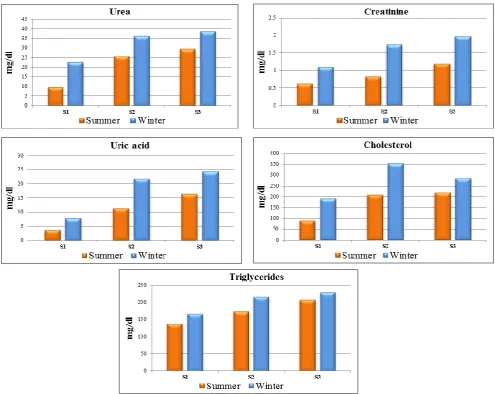 Figure 5. Seasonal variations of biochemical parameters: glucose, total protein and albumin (Mean ± S.E) in blood serum of O.niloticus from Rosetta branch water during summer 2014 and winter 2015