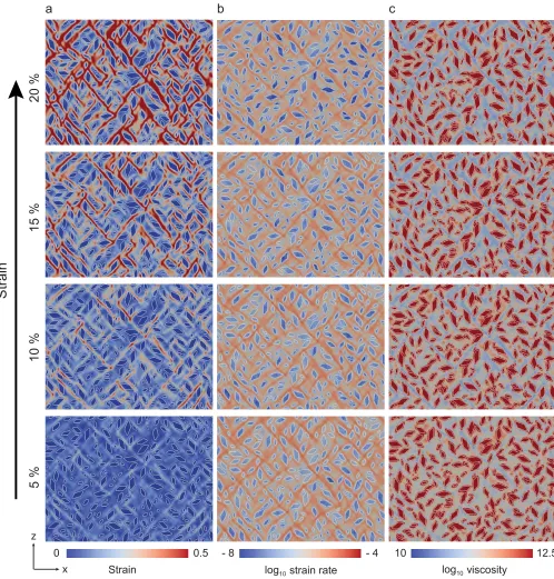 Figure 7. Numerical Set II: changes in strain distribution, strain rates and viscosity with increasing strain in ice with hard ﬁne-grained calcite particles, as bulk strain increases.horizontal; starting axial strain rate is 2.5 r1 is 3 1026 s21