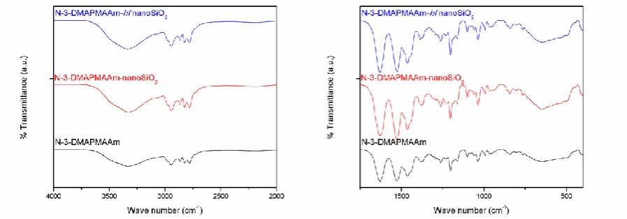 Figure  3. FT-IR spectra of DMAPMAAm, DMAPMAAm nano-SiO2 and DMAPMAAm –hydrophilic (hf) nano-SiO2