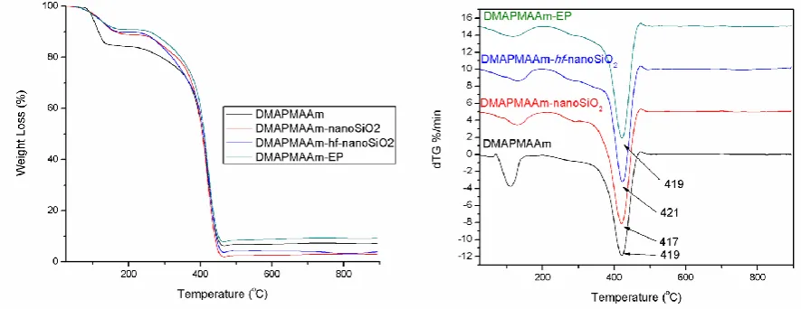 Figure  8. (A) TGA  and (B) DTG curves of DMAPMAAm hydrogel and DMAPMAAm nanocomposite hydrogels