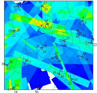 Figure 1. Map of cellular network used in examples. Color intensity corresponds to traffic map (ranging from blue– small number of users, to red–large)