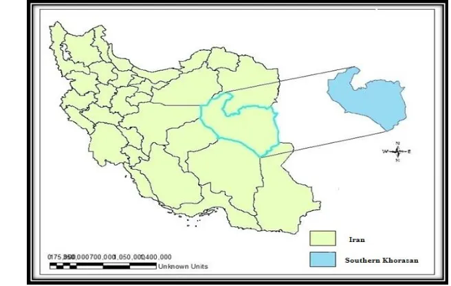 Figure (1):  Geographical location of South Khorasan province: Source: research results 