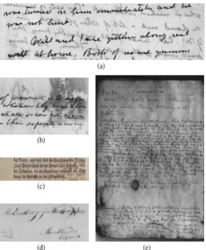 Fig 1 Examples of some degraded images. (a)-(d) are taken from DIBCO  series and (e) is taken from Bickley Diary Dataset