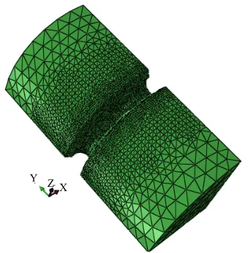 Figure 2. Finite element mesh for 0.33 mm notch root ra- dius and Kt = 2.78 consisting of four-node linear tetrahe- dron element type (C3D4)