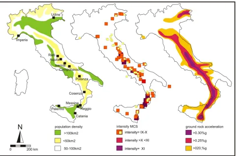 Figure 1. Simple risk assessment comparing population density (left), destructive historical earthquakes (centre) and hazard map expressed in terms of expected hard-rock ground acceleration (10% in 50 years) [1]