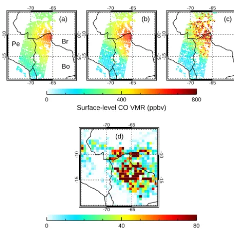 Figure 1. Comparison of (a) climatological MOPITT surface-levelCO a priori concentrations, (b) V6 TIR-only retrieved surface-levelCO, and (c) V6 TIR-NIR retrieved surface-level CO for a daytimeMOPITT overpass of the western Amazon Basin on 17 September2010