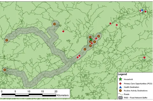 Figure 3Example of the road network buffer (RNB) measuretured by road networks. It also eliminates the excess space captured by the SDEs
