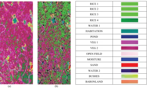Fig 2. Classified images by Hybrid SVM-RVM classifier of the study area:  (a) Before Pre-processing (b) After Pre-processing 