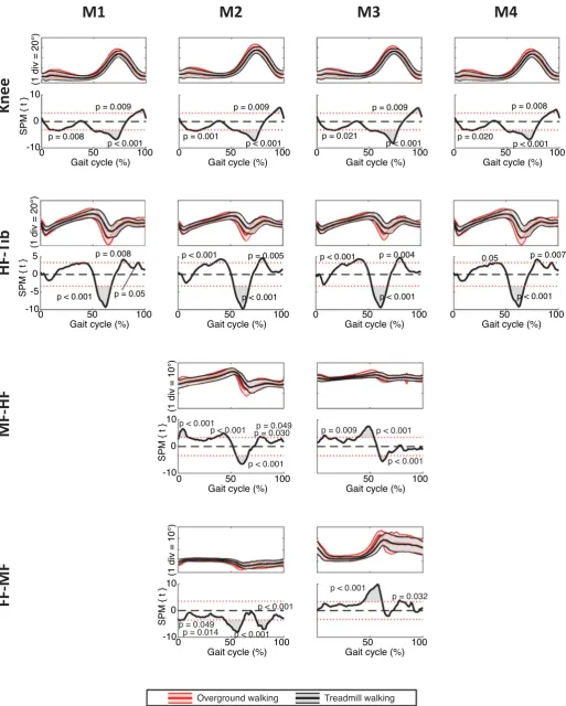Fig. 3. Comparison between treadmill and overground walking conditions. Sagittal kinematics and relative statistical parametric mapping of thetcolour in this t-value from the 1D paired-test for: Knee, tibia/ﬁbula and calcaneus/hindfoot (HF-Tib), calcaneus/