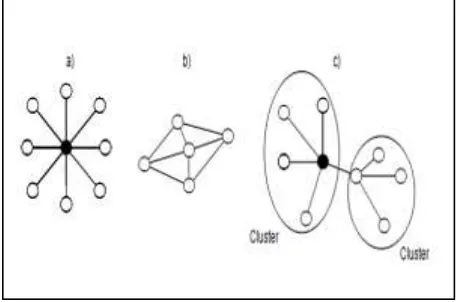 Fig. 2: WSN topologies. (a) Star, (b) mesh and (c) hybrid 