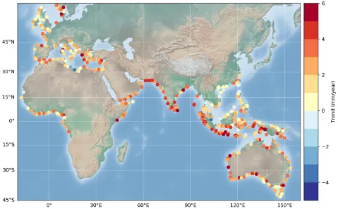 Fig.4. Coastal sea level trends (mm/yr) over 2002-2018 at a number of sites based on reprocessing of altimetry data of theJason-1,2 and 3 missions (Source: the ESA Climate Change Initiative, coastal sea level project, 2020).
