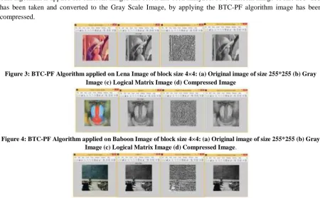 Figure 4: BTC-PF Algorithm applied on Baboon Image of block size 4×4: (a) Original image of size 255*255 (b) Gray  Image (c) Logical Matrix Image (d) Compressed Image