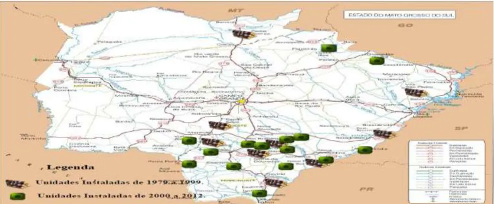 Figure 01: Map of the sugarcane processing plants in the MS State installed between 2000 and 2013