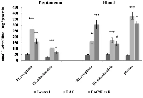 Figure 6. L-citrulline level in the peritoneum and blood following Ehrlich ascites carcinoma (EAC) and E