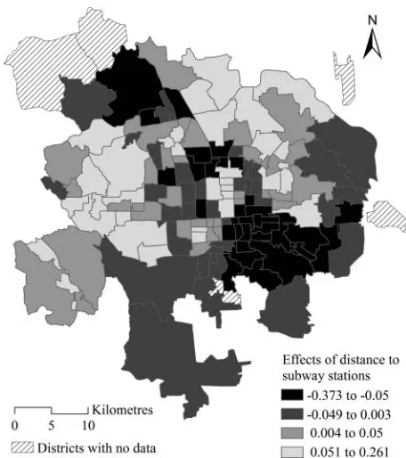 Figure 3. District-level effects of proximity to subway stationsusing estimates from multilevel modeling-multivariate Leroux con-ditional autoregressive (MLM-MLCAR) model.