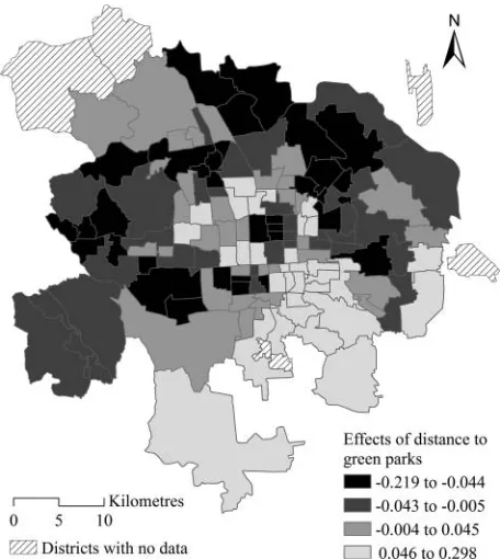 Figure 4. District-level effects of proximity to green parks usingestimates from multilevel modeling-multivariate Leroux condi-tional autoregressive (MLM-MLCAR) model.