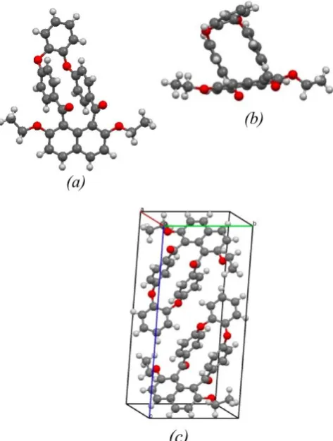 Figure 3. Crystal structure of 2,7-diethoxy homologue 2b; displaying single structure [front view (a) and top view (b)] and unit cell (c)