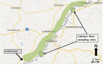 Figure 1. A map of the sampled area showing the Caledon River running from top right to bottom left 