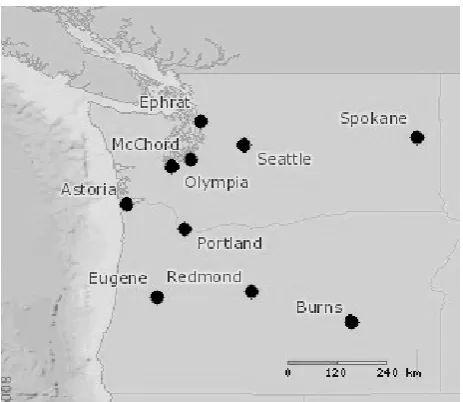 Figure 1. Map of the ten locations studied here.  The dark circles mark the location of the observation sites