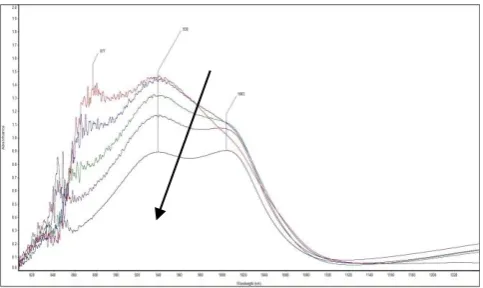 Figure 1. FT-NIR spectrum of C60+• in oleum. The spectra were recorded in the first hour after mixing and are characterized by a steady growth in intensity as shown by the arrow pointing upward
