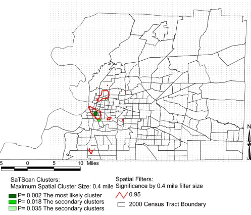 Figure 1Areas with statistically significant high rates of low birth weights, Shelby, TN, 2000–2002Areas with statistically significant high rates of low birth weights, Shelby, TN, 2000–2002
