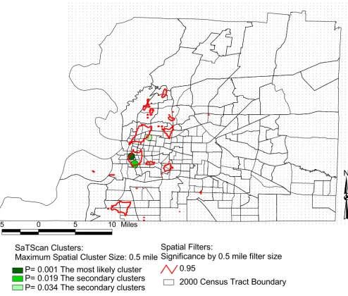 Figure 2Areas with statistically significant high rates of low birth weights, Shelby, TN, 2000–2002Areas with statistically significant high rates of low birth weights, Shelby, TN, 2000–2002