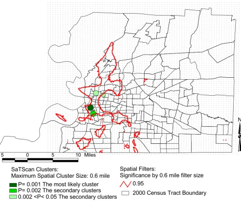 Figure 3Areas with statistically significant high rates of low birth weights, Shelby, TN, 2000–2002Areas with statistically significant high rates of low birth weights, Shelby, TN, 2000–2002
