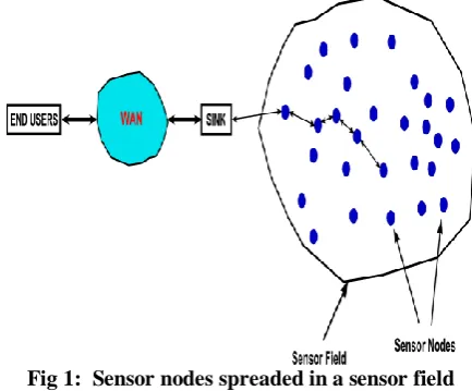 Fig 1:  Sensor nodes spreaded in a sensor field  