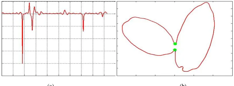 Fig.3 (a) The curvature value as a function of cumulative radial distance of multiple touching grains presented in Fig