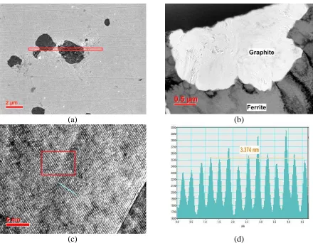 FIG. 14 (a) SEM micrograph; (b) TEM lamella prepared from outlined section in (a); (c) HRTEM lattice image from graphite region in (b); (d) lattice intensity profile along the line shown in (c)