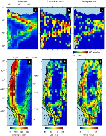 Figure 5 | Comparison of strain rate against seismic strain and earthquake rate. (Fault traces show structures assumed active since the late Quaternary from the USGS (http://earthquake.usgs.gov/hazards/qfaults/)