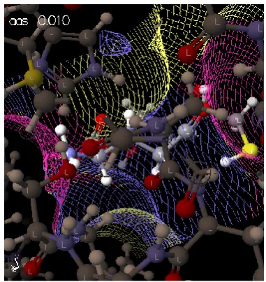 Figure 1. Ligand glutathione in active site protein 3DWW. Active site amino acid residues are represented as sticks colored according to residue type (Sequence protocol-Karplus and Schultz Flexibility)