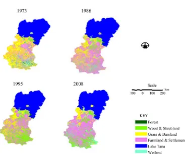 Figure 2. Land cover and use maps of GAW in 1973, 1986, 1995 and 2008. Source: Amare and Kameswara, 2011