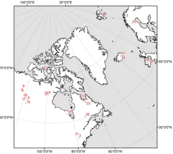 Fig. 2. Location of mapped subglacial bedforms. Numbers refer to Table 1.
