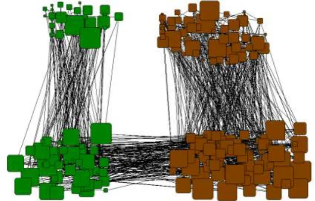 Figure 1: All African American (Left, Green) and Hispanic (Right, Brown) Student Ties, displayed to  Note: The size of the blocks denotes the size of each ego network