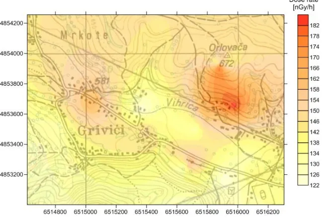 Fig. 1. Spatial distribution of absorbed dose rates at investigated site in the municipality Hadzici (nGy h-1)