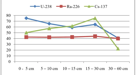 Fig. 2. Levels of 238U, 226Ra and 137Cs (Bq kg-1) in cultivated soil (soil profile 1) 