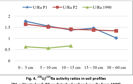 Fig. 4. 238U/226Ra activity ratios in soil profiles 