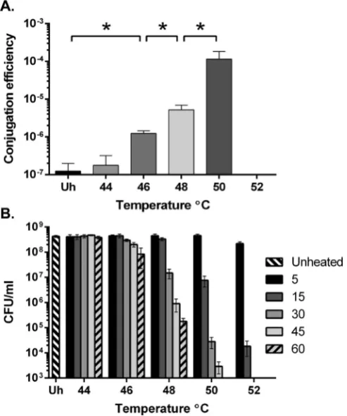 Fig. 2. Effect of media choice on conjugation efof no transconjugants. Each bar represents the mean and standard deviation of dataﬁciency of C