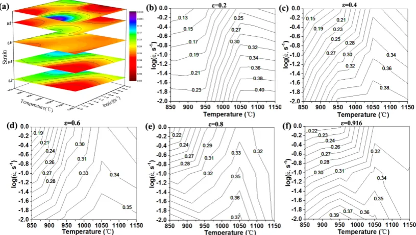 Fig.3 3D and 2D power dissipation maps of 20CrεnTiH steel at different compressive strains 
