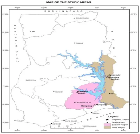 Figure 1. Map showing the study areas and sampling sites where the roots of Cryptolepis sanguinolenta plant were collected