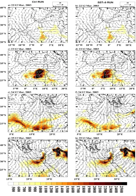 Fig. 12: Dust concentration over surface for SST0 and SST9 simulations (shaded pattern) interval color 100 ug/kg